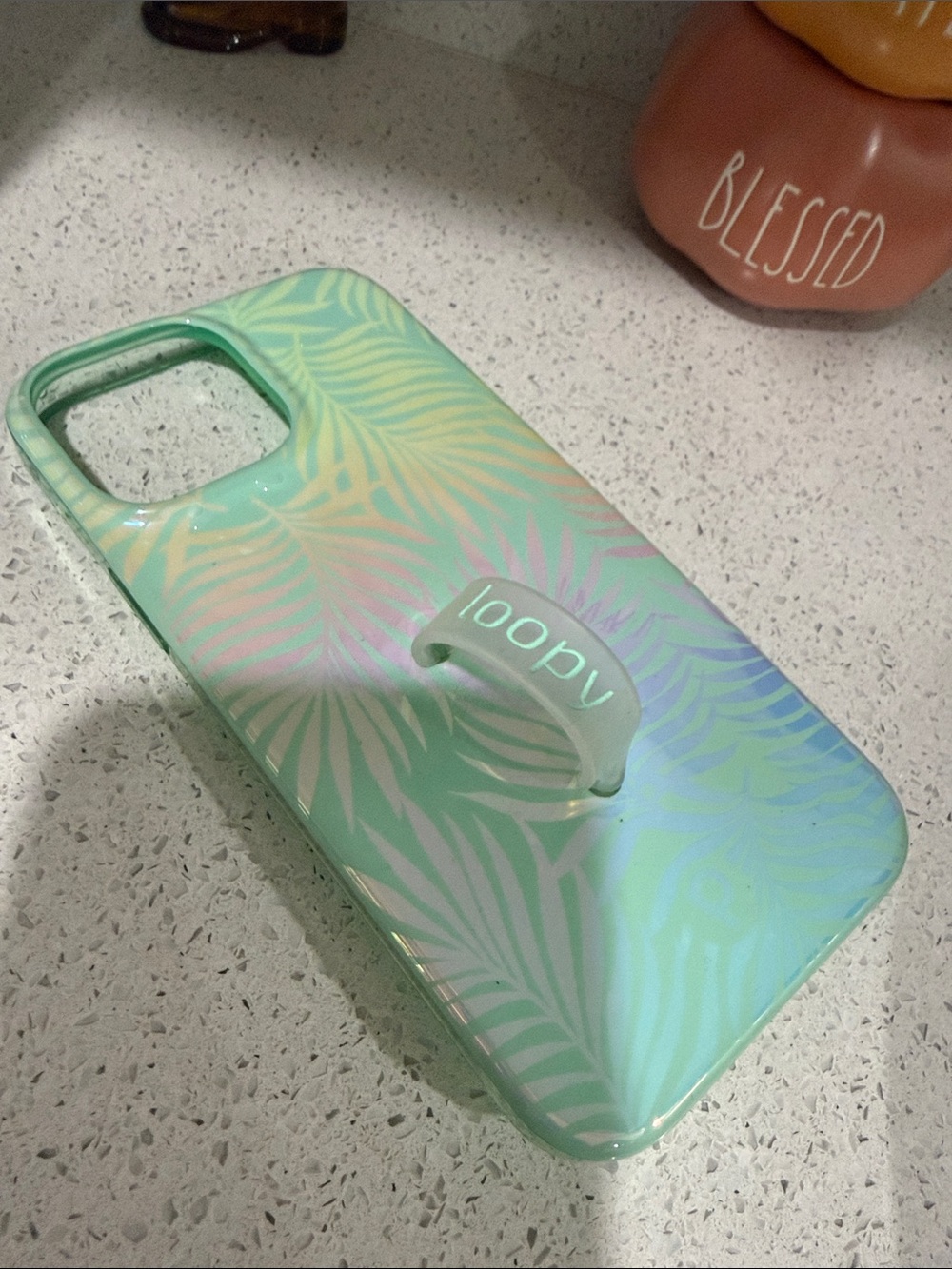 Loopy Case Pastel Green Gradient Phone Case with Palm Leaf Pattern and Loop